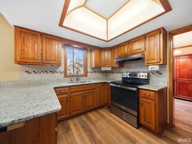 kitchen with sink, stainless steel range with electric cooktop, light hardwood / wood-style floors, and light stone countertops