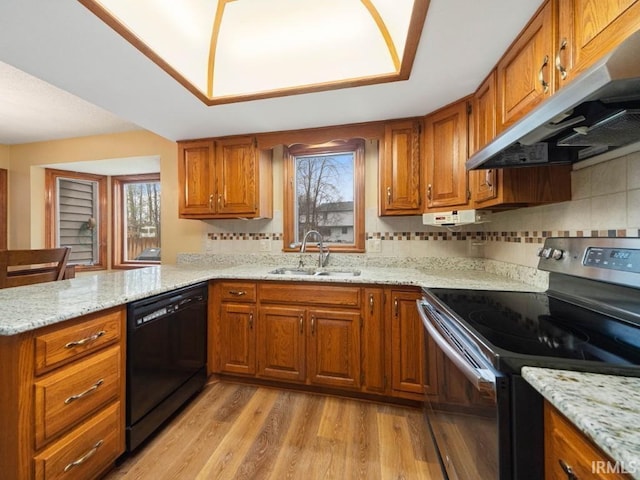 kitchen featuring dishwasher, sink, stainless steel range with electric stovetop, light hardwood / wood-style floors, and light stone countertops