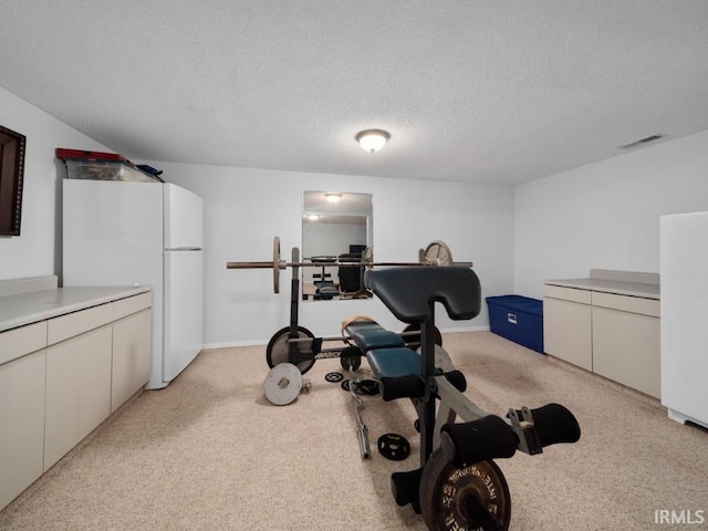 exercise room featuring light carpet and a textured ceiling