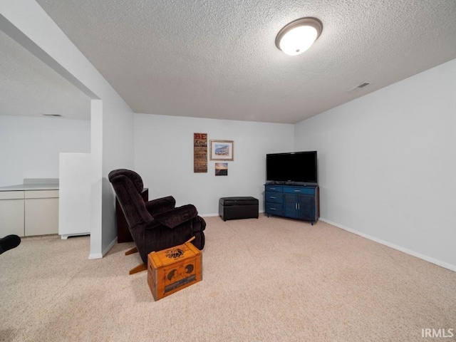 sitting room with light colored carpet and a textured ceiling