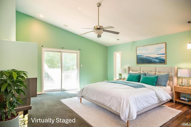 bedroom featuring ceiling fan, lofted ceiling, and access to outside