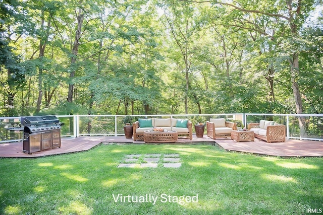 view of yard with a wooden deck and an outdoor hangout area