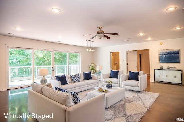 living room with ceiling fan