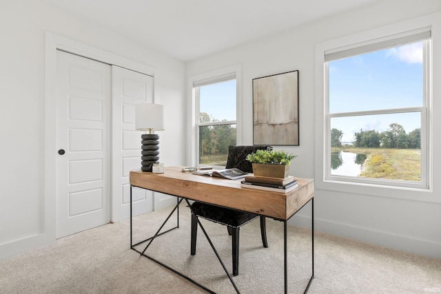 home office with carpet floors and a water view