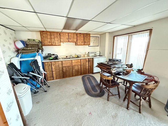 kitchen featuring light colored carpet, a paneled ceiling, white electric range, and sink