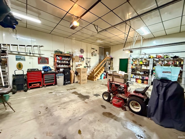 garage with a workshop area