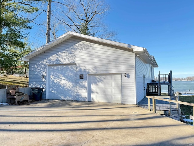 garage featuring a water view