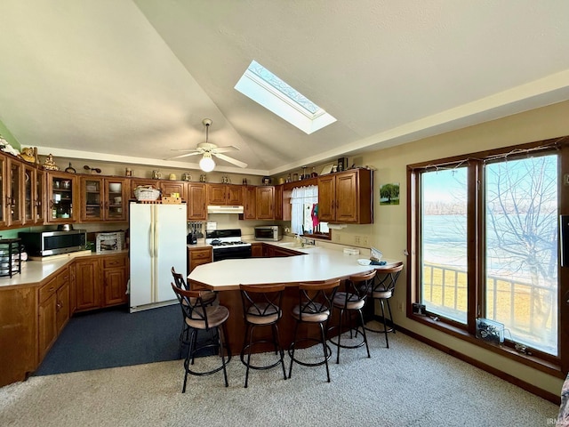 kitchen with range with gas cooktop, a wealth of natural light, white fridge, and lofted ceiling with skylight