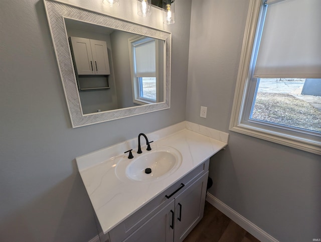 bathroom featuring a healthy amount of sunlight, vanity, and wood-type flooring