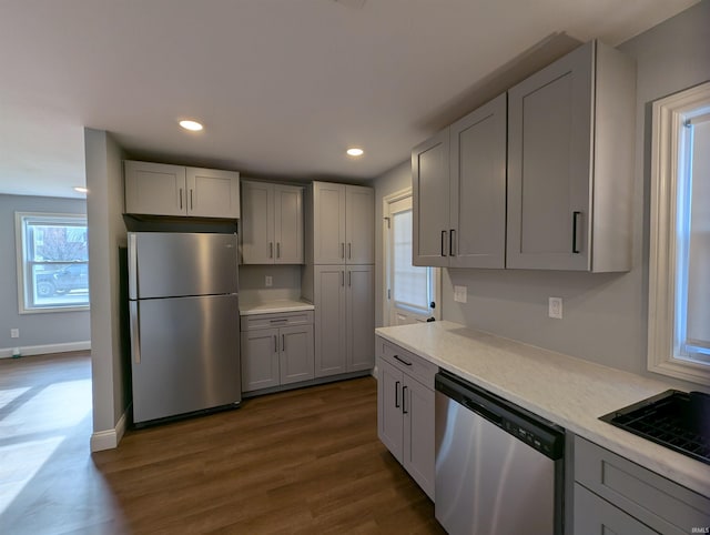 kitchen with dark hardwood / wood-style flooring, sink, and stainless steel appliances