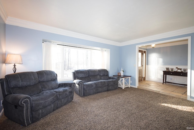 living room with crown molding and light carpet