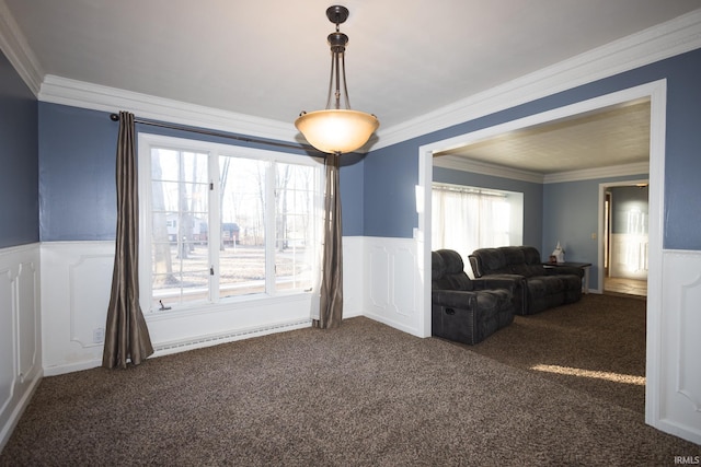 carpeted living room with crown molding