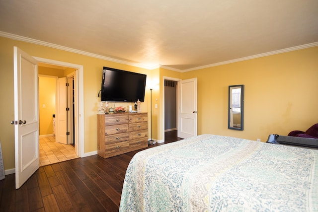 bedroom featuring dark wood-type flooring and ornamental molding