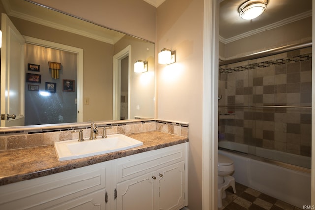 full bathroom with crown molding, vanity, shower / bath combination with glass door, and toilet