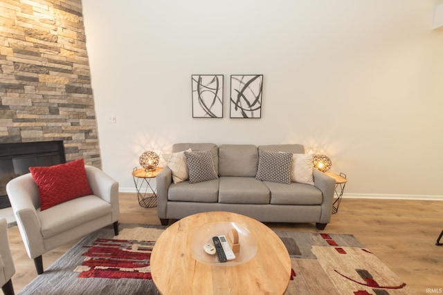 living room with wood-type flooring and a fireplace