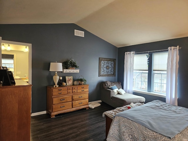 bedroom featuring dark wood-type flooring and lofted ceiling