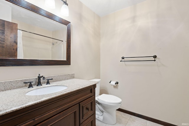 bathroom with vanity, tile patterned flooring, toilet, and walk in shower