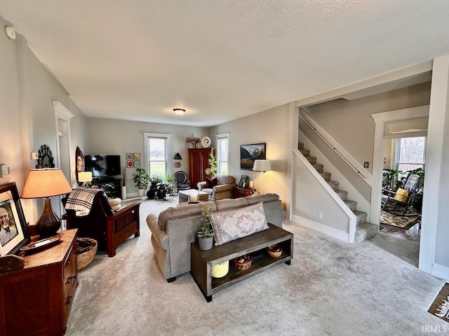 living room with light carpet