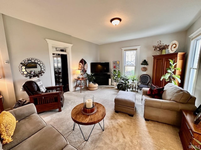 living room featuring light carpet