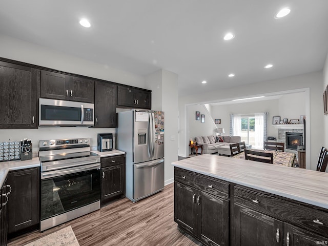 kitchen featuring a fireplace, light hardwood / wood-style flooring, and stainless steel appliances