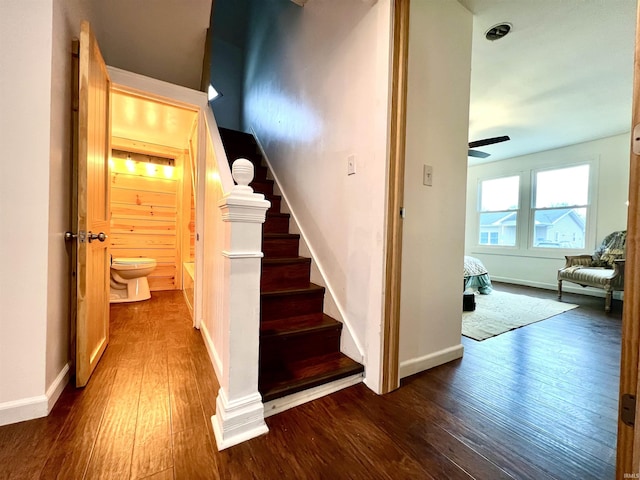 staircase featuring hardwood / wood-style flooring and ceiling fan