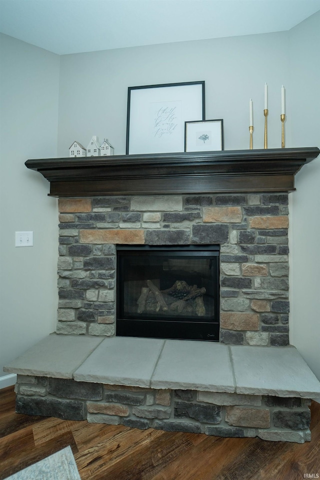 details with hardwood / wood-style flooring and a stone fireplace