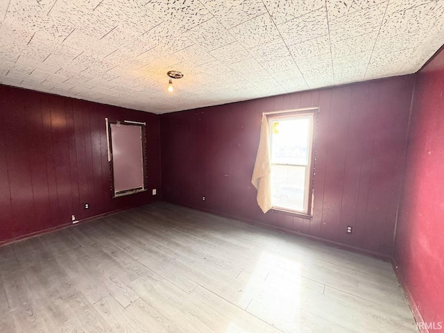 empty room featuring wooden walls and light hardwood / wood-style flooring