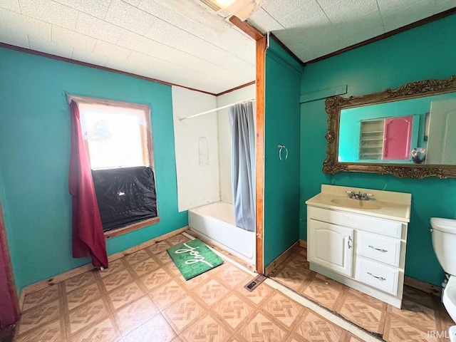 full bathroom featuring toilet, crown molding, parquet floors, vanity, and shower / bath combination with curtain