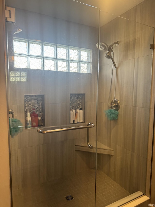 bathroom featuring a shower with door