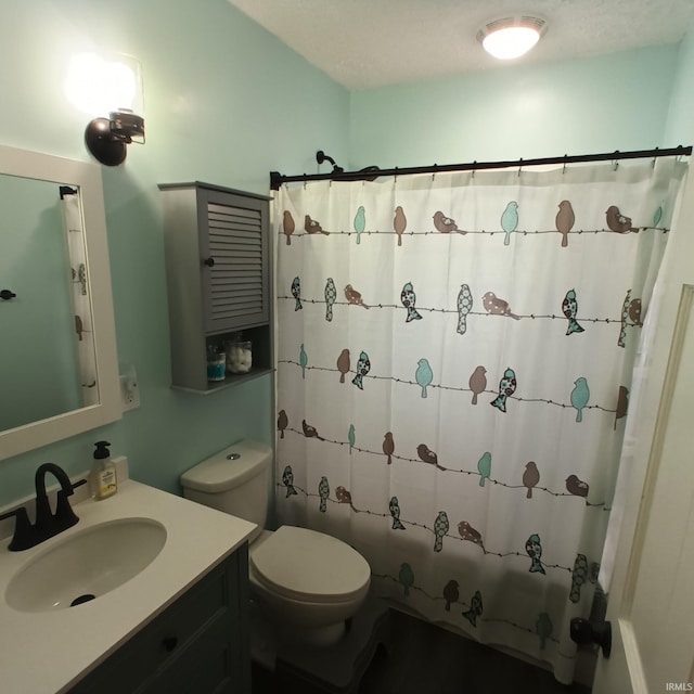 bathroom with vanity, curtained shower, and toilet