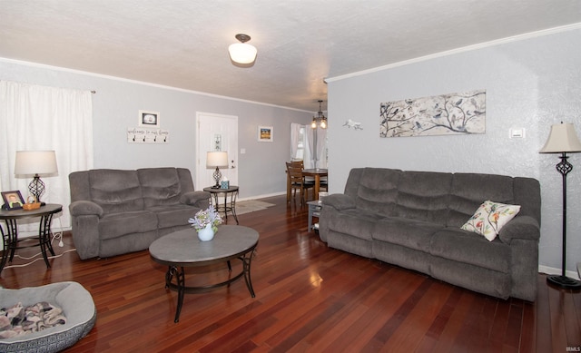 living room featuring dark hardwood / wood-style flooring and crown molding