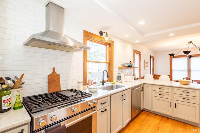 kitchen with sink, light hardwood / wood-style flooring, appliances with stainless steel finishes, backsplash, and wall chimney exhaust hood