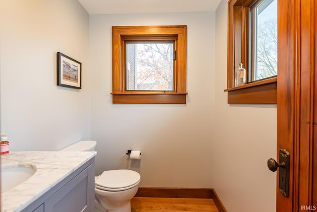 bathroom featuring vanity, wood-type flooring, and toilet