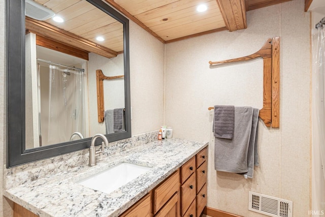 bathroom with beamed ceiling, vanity, wooden ceiling, and a shower with shower curtain