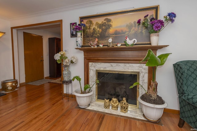 living area featuring crown molding, a premium fireplace, and hardwood / wood-style floors