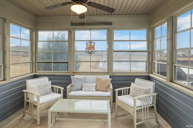 sunroom / solarium with ceiling fan and wood ceiling