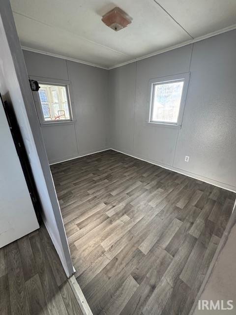 spare room with dark wood-type flooring, ornamental molding, and a wealth of natural light