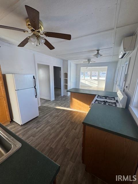 kitchen with a wall unit AC, dark hardwood / wood-style floors, and ceiling fan