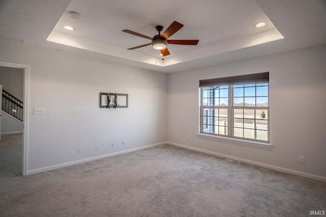 unfurnished room featuring a raised ceiling and carpet floors