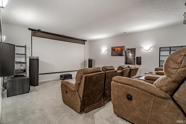 cinema room with light colored carpet and a textured ceiling