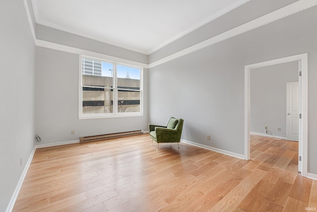 unfurnished room with a baseboard radiator, crown molding, and light hardwood / wood-style flooring