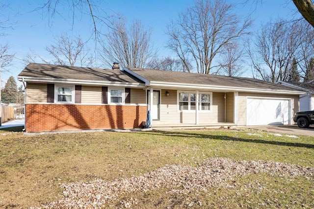 single story home with a garage and a front lawn