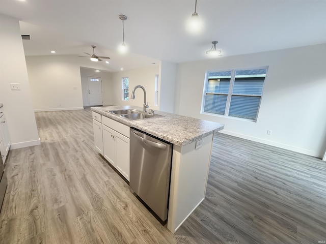 kitchen with sink, dishwasher, pendant lighting, a kitchen island with sink, and white cabinets