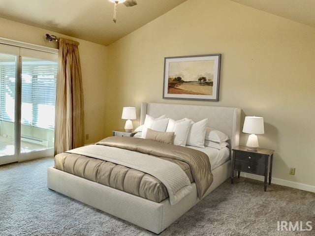 bedroom featuring lofted ceiling, carpet floors, access to exterior, and ceiling fan