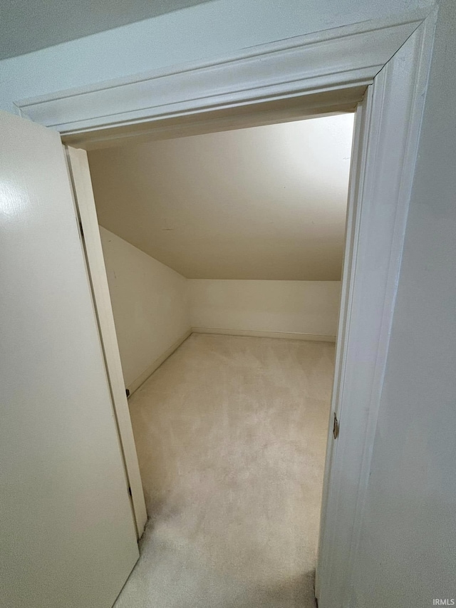 walk in closet featuring light colored carpet and lofted ceiling