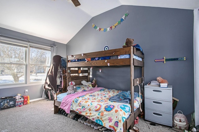 carpeted bedroom with lofted ceiling and ceiling fan