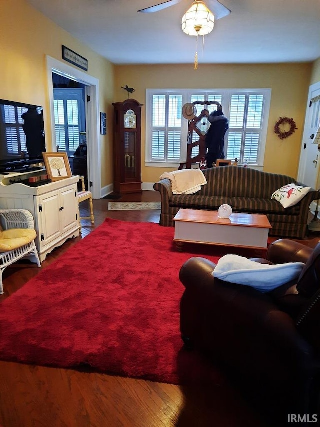 living room with hardwood / wood-style flooring and ceiling fan