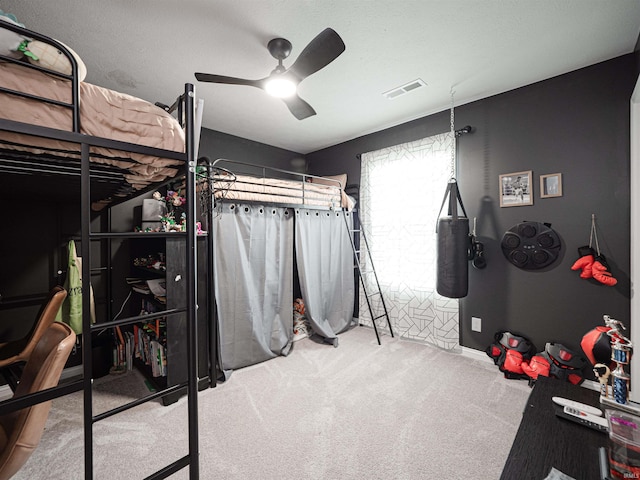 bedroom featuring carpet flooring and ceiling fan