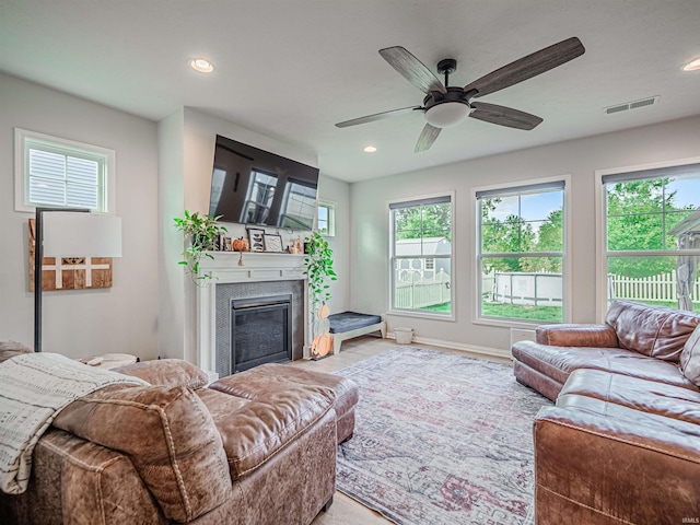 living room featuring ceiling fan