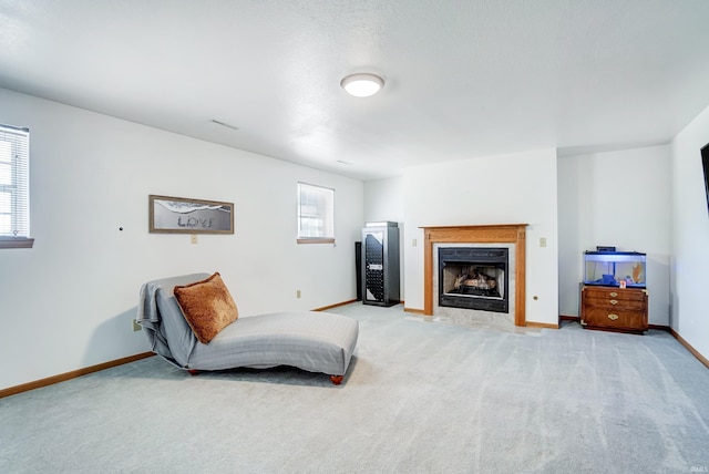 sitting room featuring light carpet